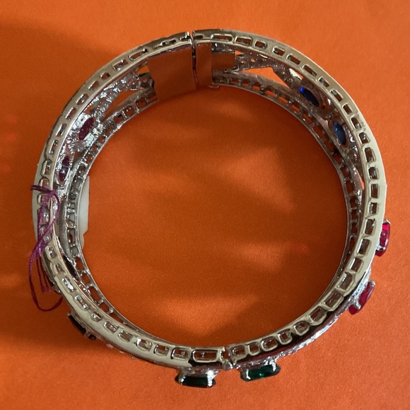 NWT Sterling Silver 925 Genuine Ruby/Emerald/Sapphire White Crystal wide bracele - Picture 7 of 15